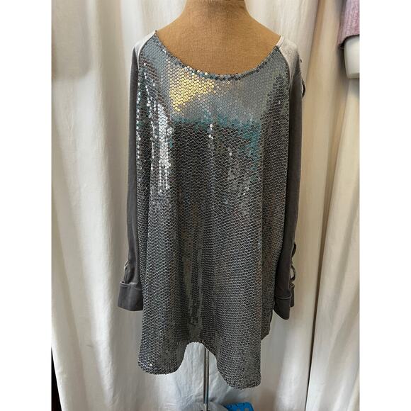 Roamans gray silver sequin velvet bling top shirt cut out criss cross sleeve 14 - Picture 2 of 11